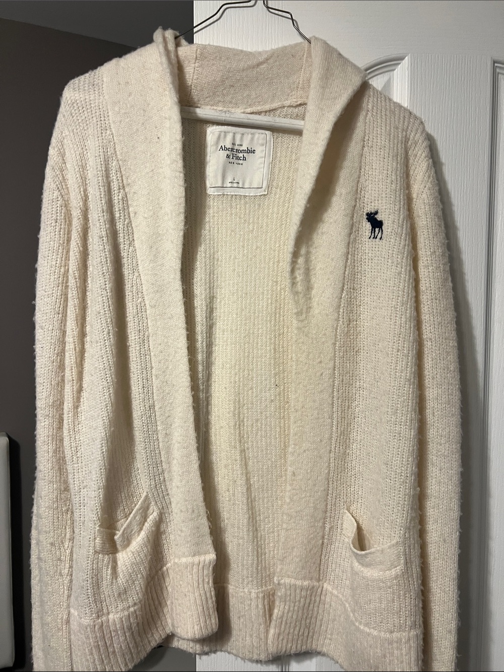 Abercrombie & Fitch Cream Open-Front Shawl Collar Cardigan